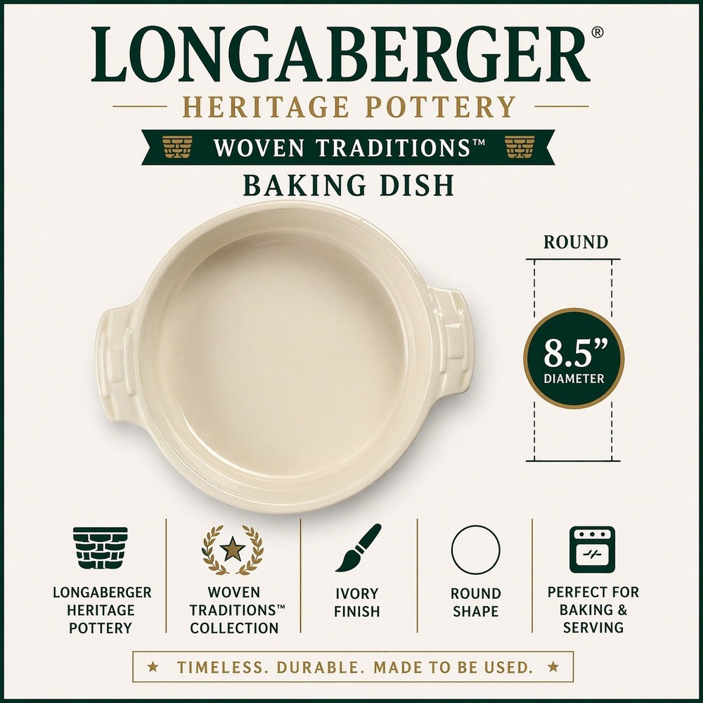 Longaberger Pottery Woven Traditions Ivory Round Casserole Baking Dish Vitrified